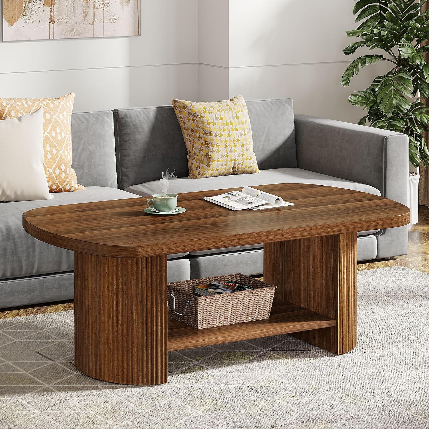 Tribesigns Oval Coffee Table, Mid-Century 2-Tier Coffee Table with Storage Shelf, Modern 45.27' Accent Center Table with Wooden Dual Base for Living Room Bedroom Apartment (Rustic Brown)