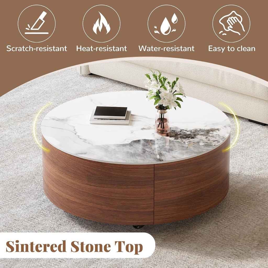 Merax 29.5' Round Coffee Table for Living Room, Movable Accent Table with Casters and 2 Storage Drawers, Marble Pattern Sintered Stone Top, Walnut
