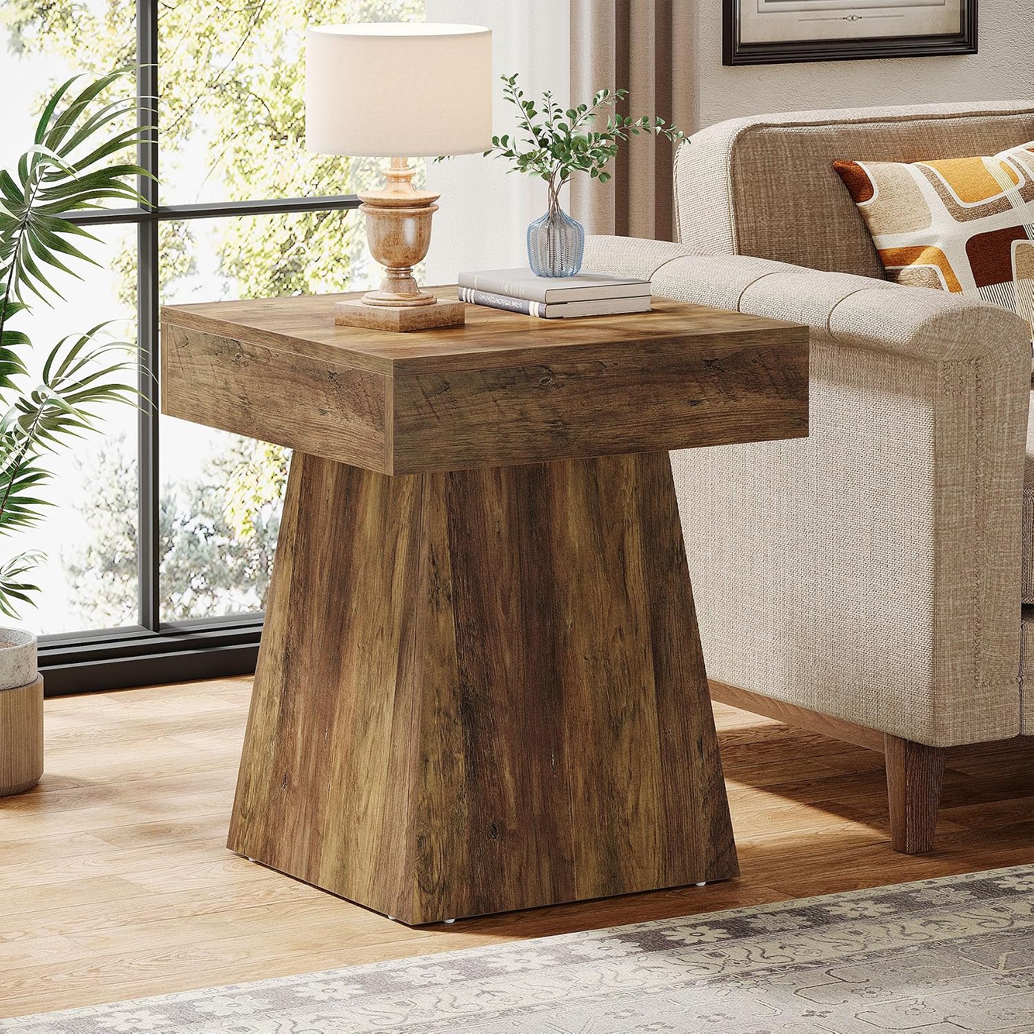 Tribesigns Small End Table Set of 2, Rustic Square Side Table with Wide Base, Farmhouse Small Nightstand Beside Bed, Next to Armchair, for Living Room, Brown