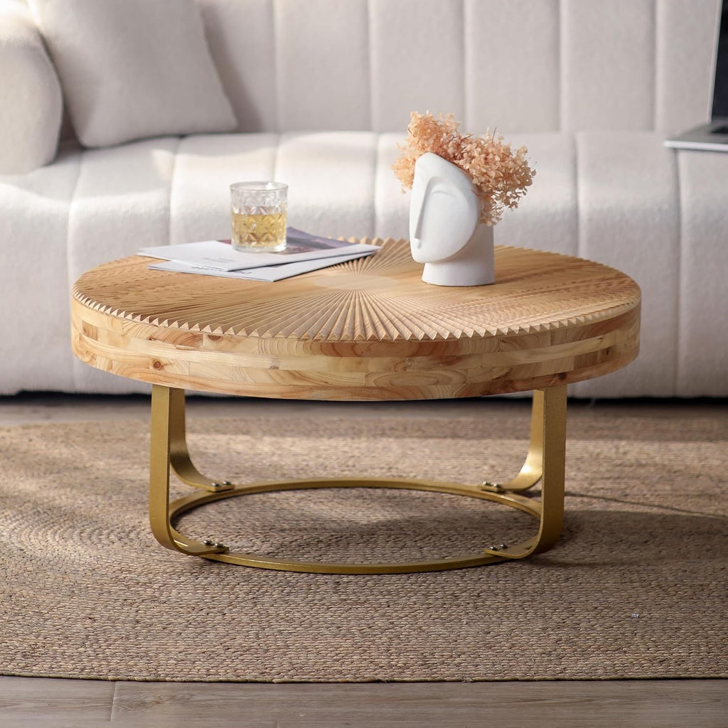 Wood Round Coffee Table, Farmhouse Circle Coffee Table with Metal Base, 31.5' Round Center Table for Living Room Office Natura