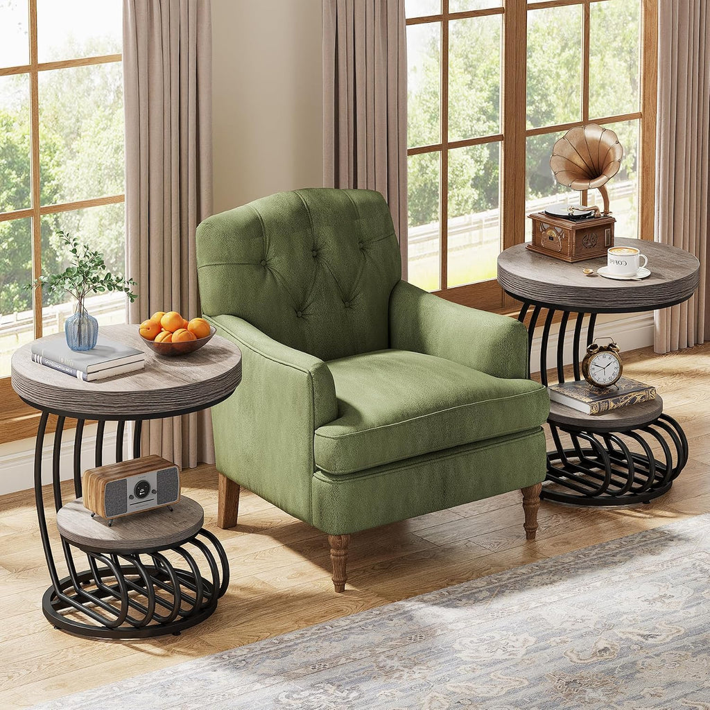 Tribesigns Round End Table, 2-Tier Farmhose Wood Side Table with Shelf Storage, Small Sofa Side Bedside Nightstand, Arc-Shaped Frame Accent Furniture for Living Room, Grey