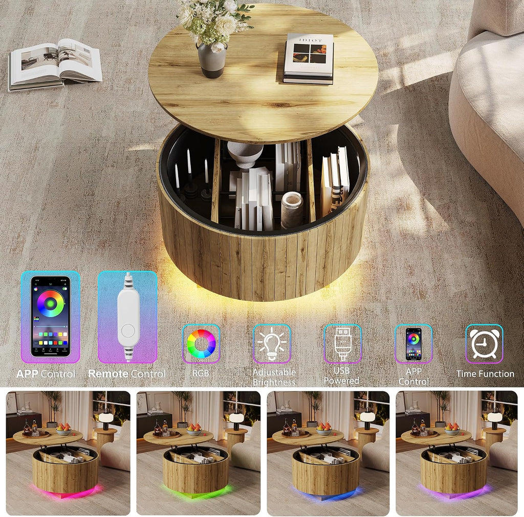 kepptory Round Lift Top Coffee Table with LED Lights, Mid Century Modern Wooden Coffee Tables with 3 Storage Space, Circle Center Table for Living Rooms,Dining Room,Bedroom Home Office,APP LED Lights