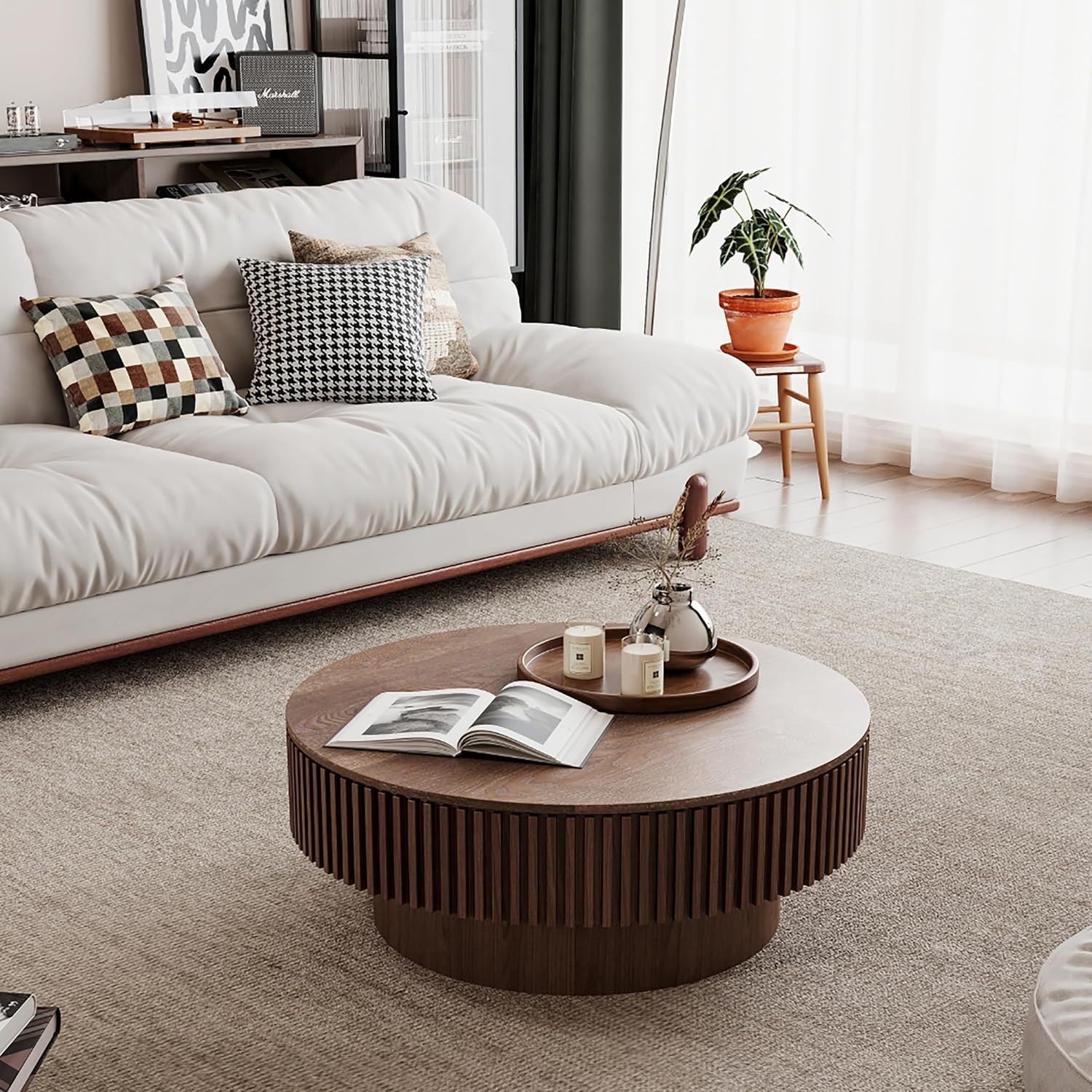 31.5'' Round Coffee Table with Storage, Modern Luxury Circle Drum Center Tables with Solid Wood Veneered, Accent Side Coffee Table for Living Room, Bedroom, Apartment-Walnut