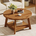 Solid Wood Round Coffee Table for Living Room, 31.5' Farmhouse Wooden 2-Tier Circle Center Cocktail Accent Table with Storage Shelf and Tapered Legs for Apartment, Small Space, Brown