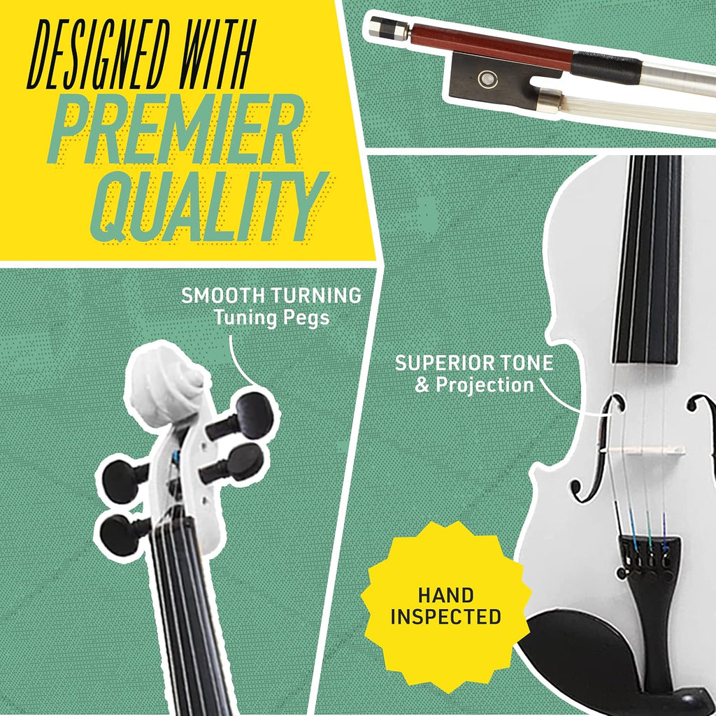 Mendini By Cecilio Violin 4/4 Full Size For Beginners - Fiddle Solidwood Kit with Hard Case - Acoustic Violins with Bow, Rosin, Tuner, Extra Strings & Bridge, Shoulder Rest and Lesson Book (White)