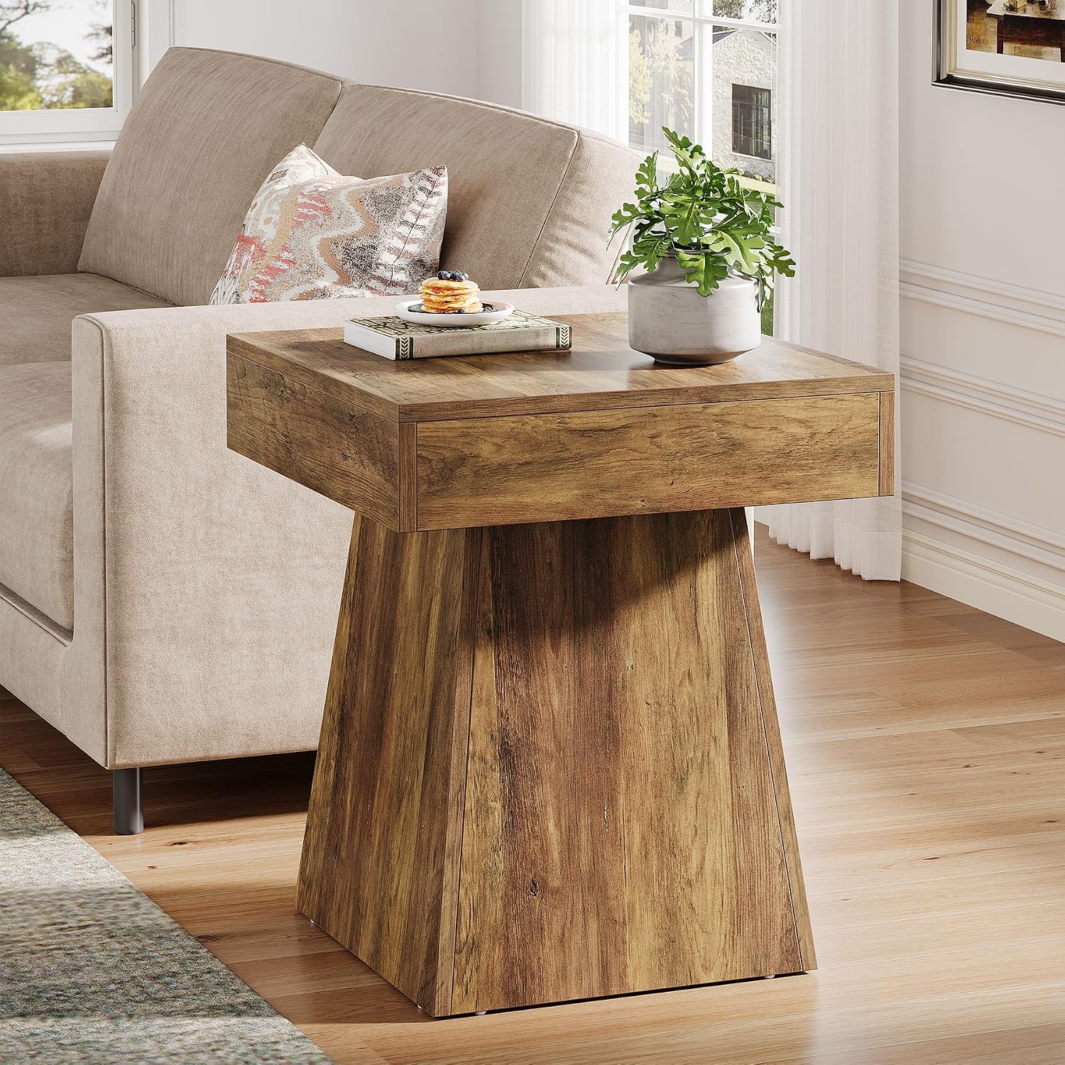 Tribesigns Small End Table Set of 2, Rustic Square Side Table with Wide Base, Farmhouse Small Nightstand Beside Bed, Next to Armchair, for Living Room, Brown