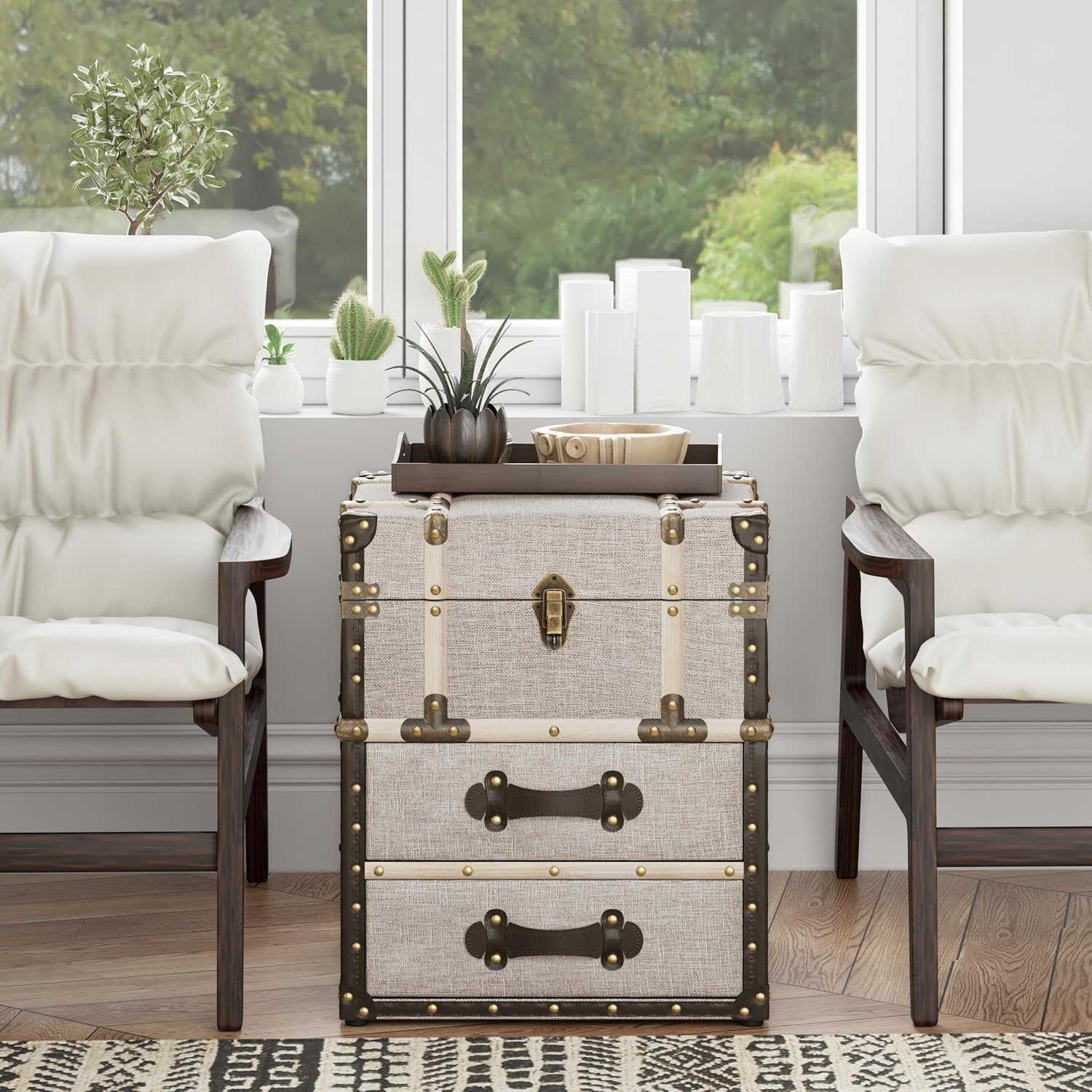 Aoikax Vintage Storage Chest with Buckle Hinged Top, Linen Accent End Side Table for Living Room, Office, Bedroom, Rectangle, Beige