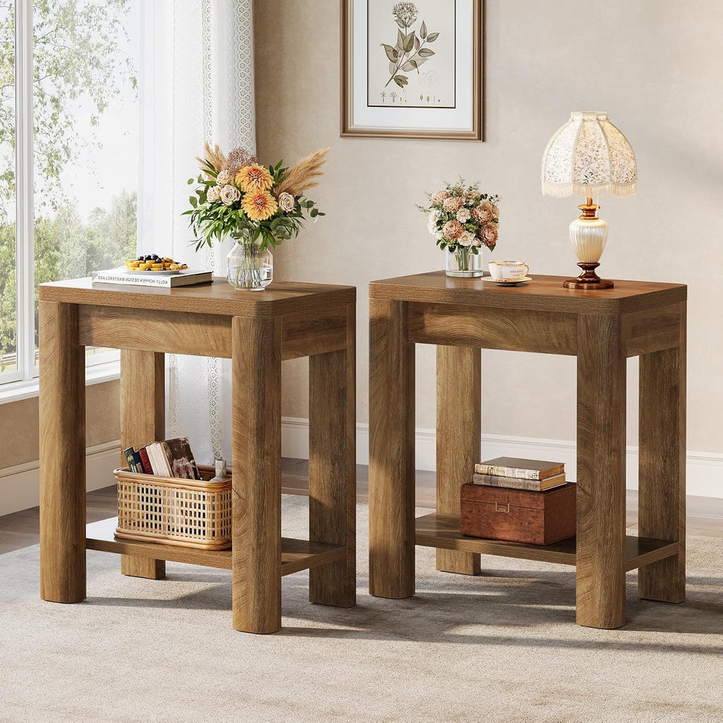 Tribesigns End Table for Living Room, Farmhouse Wooden Side Table with Storage Shelf, Small Narrow Bedside Accent Furniture for Bedroom (Brown, 2PCS)