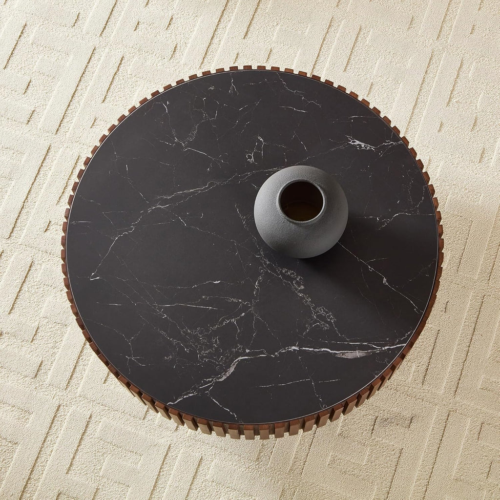 Round Coffee Table 35.43'' Circle Sintered Stone Tabletop Modern Wood Fluted Coffee Table for Living Room Apartment, Easy Assembly, Walnut