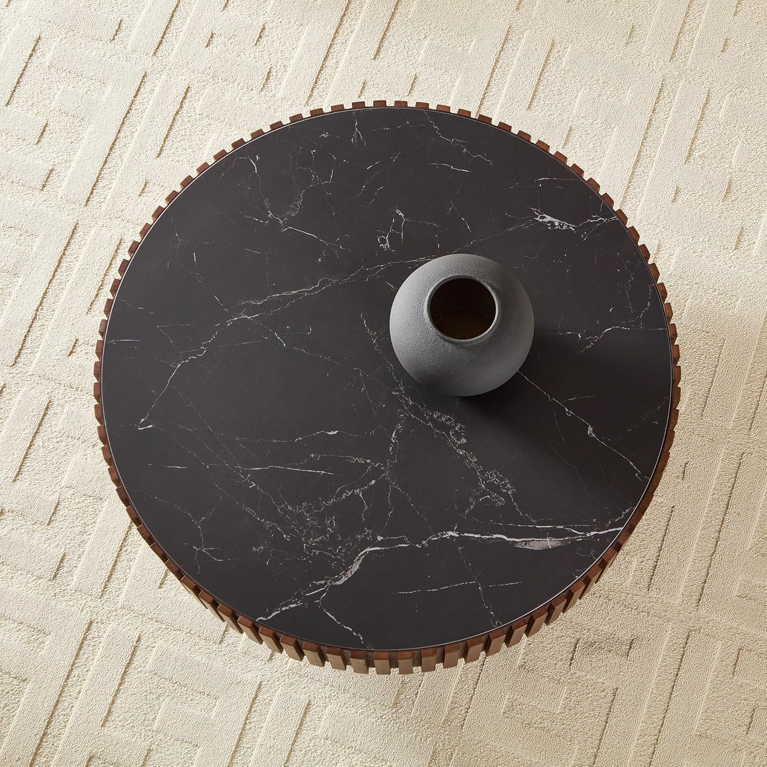 Round Coffee Table 35.43'' Circle Sintered Stone Tabletop Modern Wood Fluted Coffee Table for Living Room Apartment, Easy Assembly, Walnut