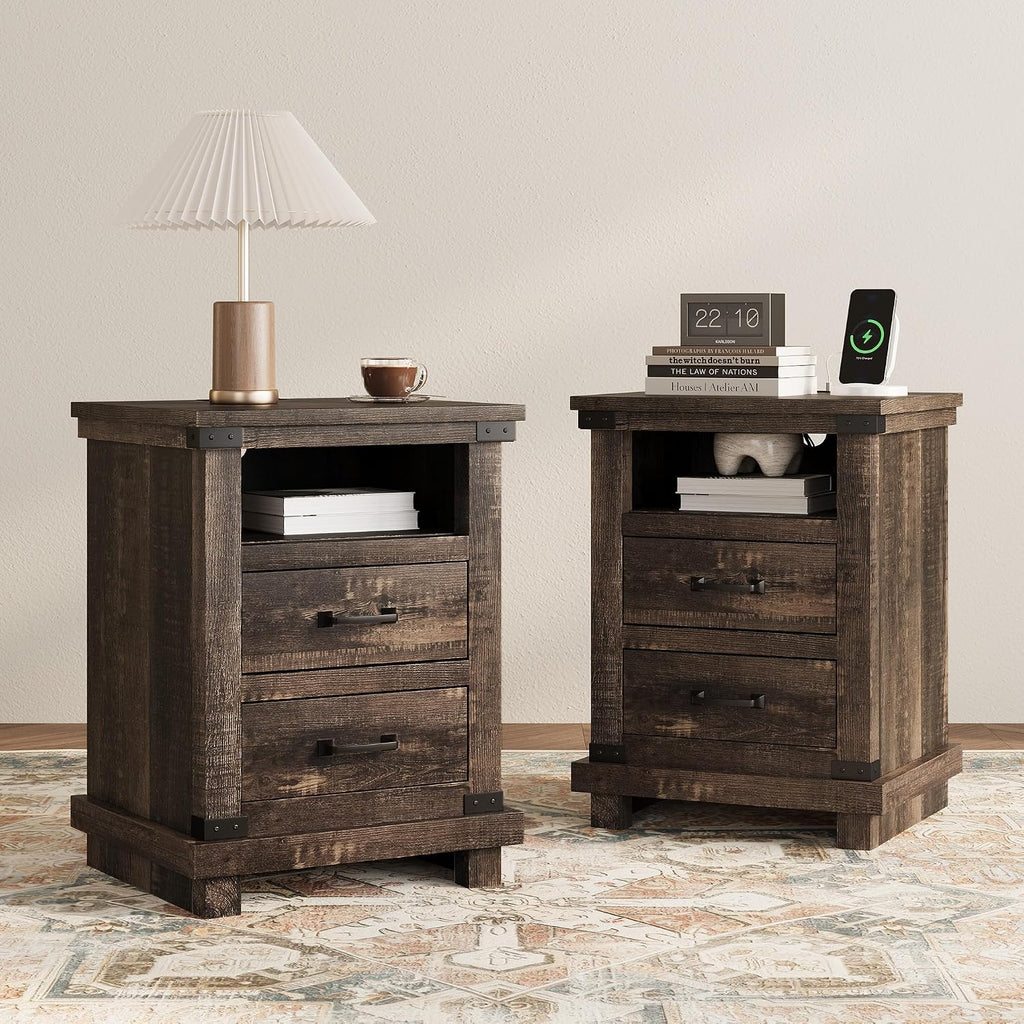 AMERLIFE Farmhouse End Table Set of 2, 18' Wood Night Stand with Charging Station & 2 Storage Drawers, Heavy Duty Bedside Nightstands for Bedroom, Living Room, Black Oak