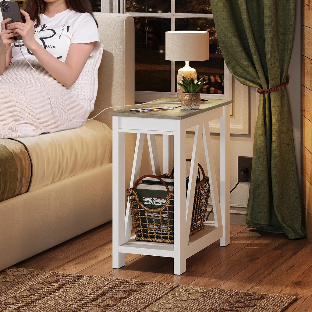 WLIVE End Tables Living Room Set of 2 with Charging Station, Sofa Side Tables with Open Storage Shelf, Slim Farmhouse End Table Sets, Greige