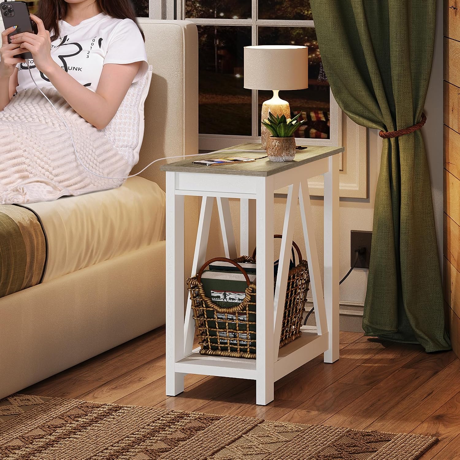 WLIVE End Tables Living Room Set of 2 with Charging Station, Sofa Side Tables with Open Storage Shelf, Slim Farmhouse End Table Sets, Greige