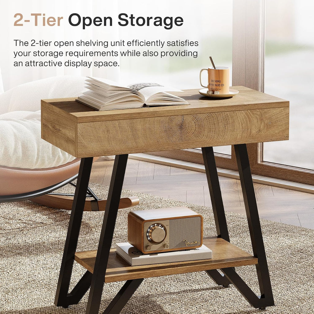 Tribesigns Metal End Side Table for Living Room, 2-Tier Narrow Couch Side Table with Storage Shelves, Small Bedside Nightstand for Bedroom, Small Spaces, Natural(Set of 2)