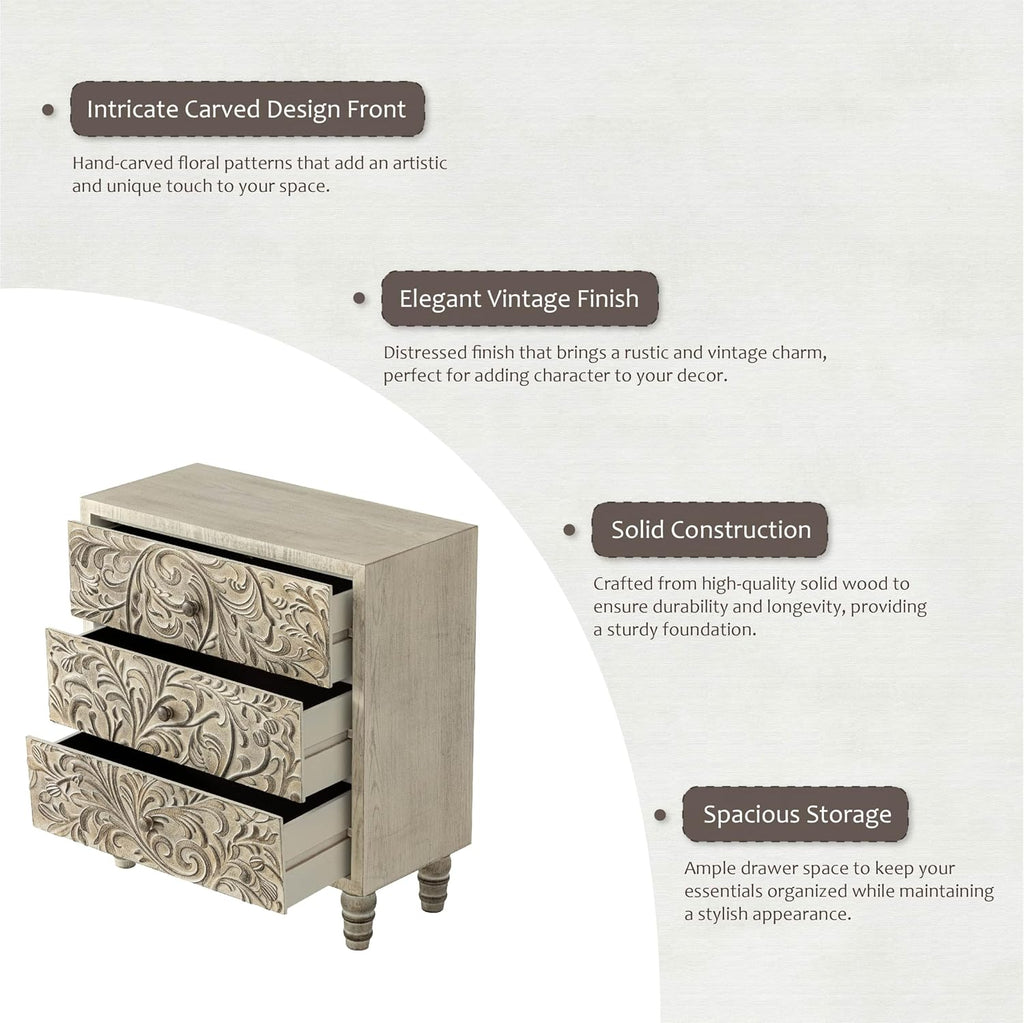 3 Drawer Farmhouse Dresser with Embossed Weathered Flower Motif, Vintage Nightstand for Bedroom, Almost Fully-Assembled, Boho, Weathered White