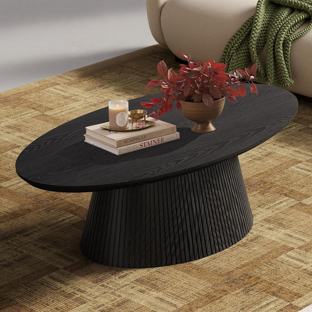 win2win Oval Coffee Table, Modern Coffee Table with Fluted Design, Minimalist Tea Table with Wood Grain Veneer, Small Funky Center Table for Living Room, Apartment, Office, Black