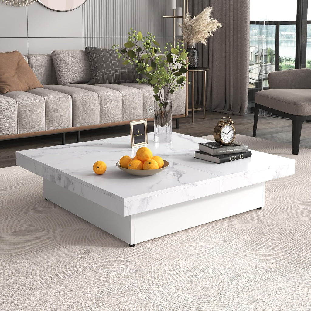 Merax Coffee Table, Modern Extendable Coffee Table with 4 Hidden Storage Compartments, UV High-Gloss Square Center Cocktail Table with Sliding Tabletop for Living Room, 39.4'x 39.4' (White)