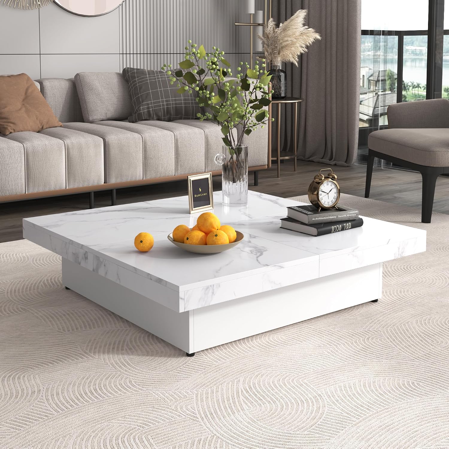 Merax Coffee Table, Modern Extendable Coffee Table with 4 Hidden Storage Compartments, UV High-Gloss Square Center Cocktail Table with Sliding Tabletop for Living Room, 39.4'x 39.4' (White)