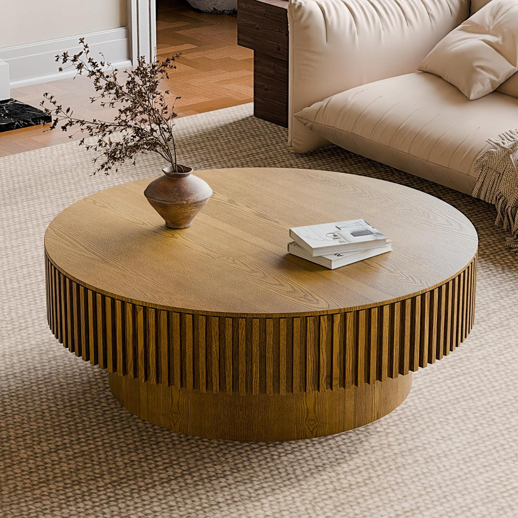 39'' Round Coffee Table with Storage, Modern Wooden Coffee Table with Solid Wood Veneered, Circle Center Table Accent Tea Table for Living Room Apartment Brown