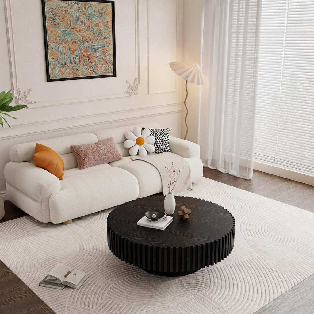39.4' Black Round Coffee Table Wood, Modern Drum Fluted Coffee Table for Living Room, Contemporary Low Circle Center Table Side Table for Apartment, Farmhouse, Office, mesa de Cafe