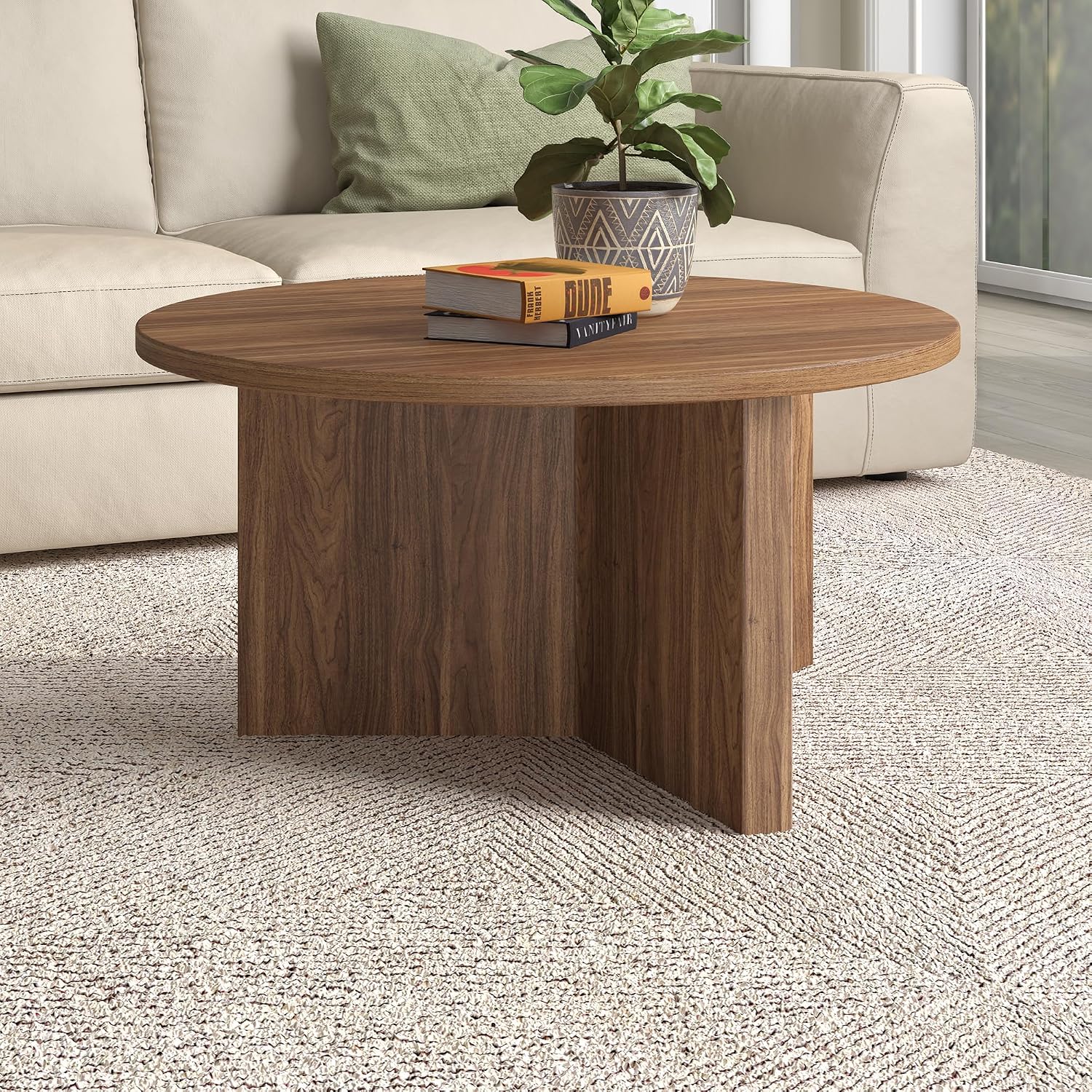 Henn&Hart 32' Round Wood Pedestal Coffee Table for Living Room, Family Room, Office, or Apartment, Medium Walnut