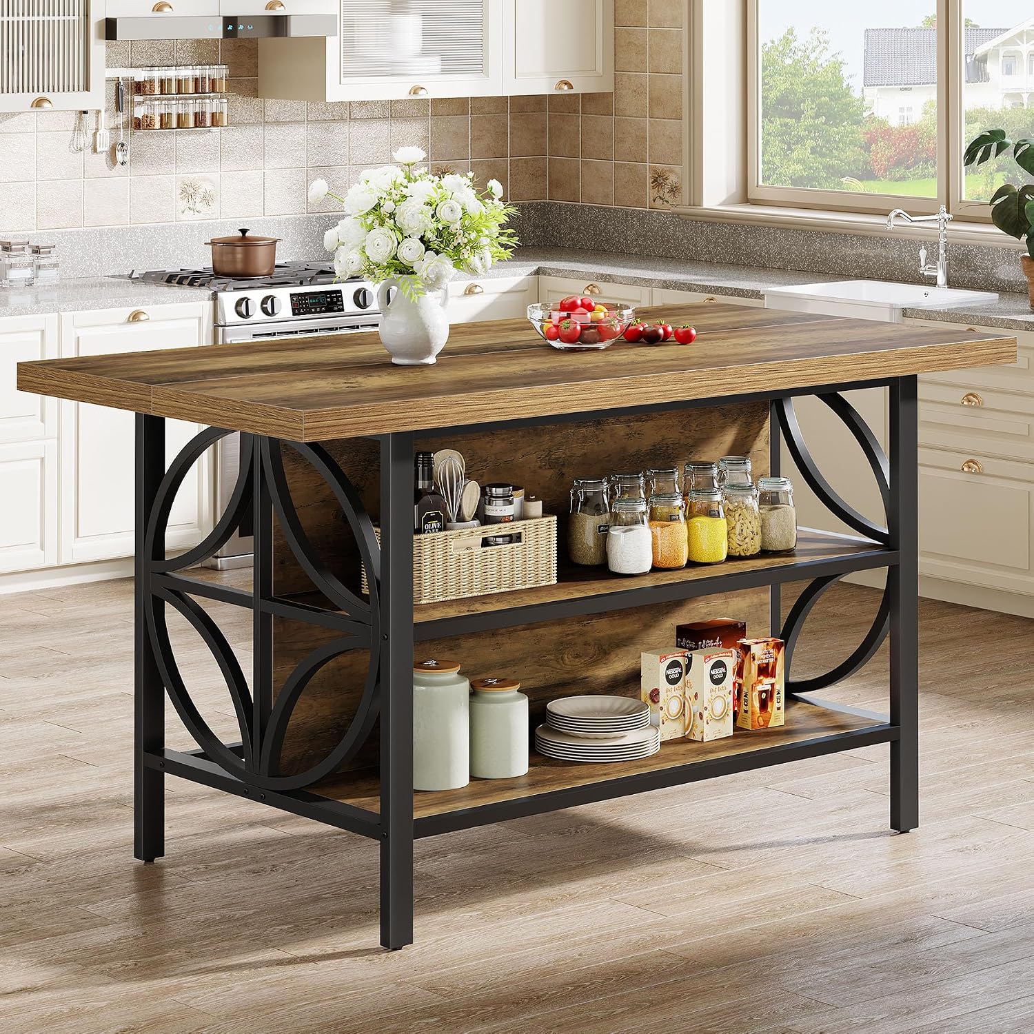 Tribesigns 62.99-Inch Kitchen Island with Storage, Kitchen Island Table with 2 Shelves and Large Worktop, Industrial Bar Table, Easy to Assemble, Rustic Brown (Stools Not Included)
