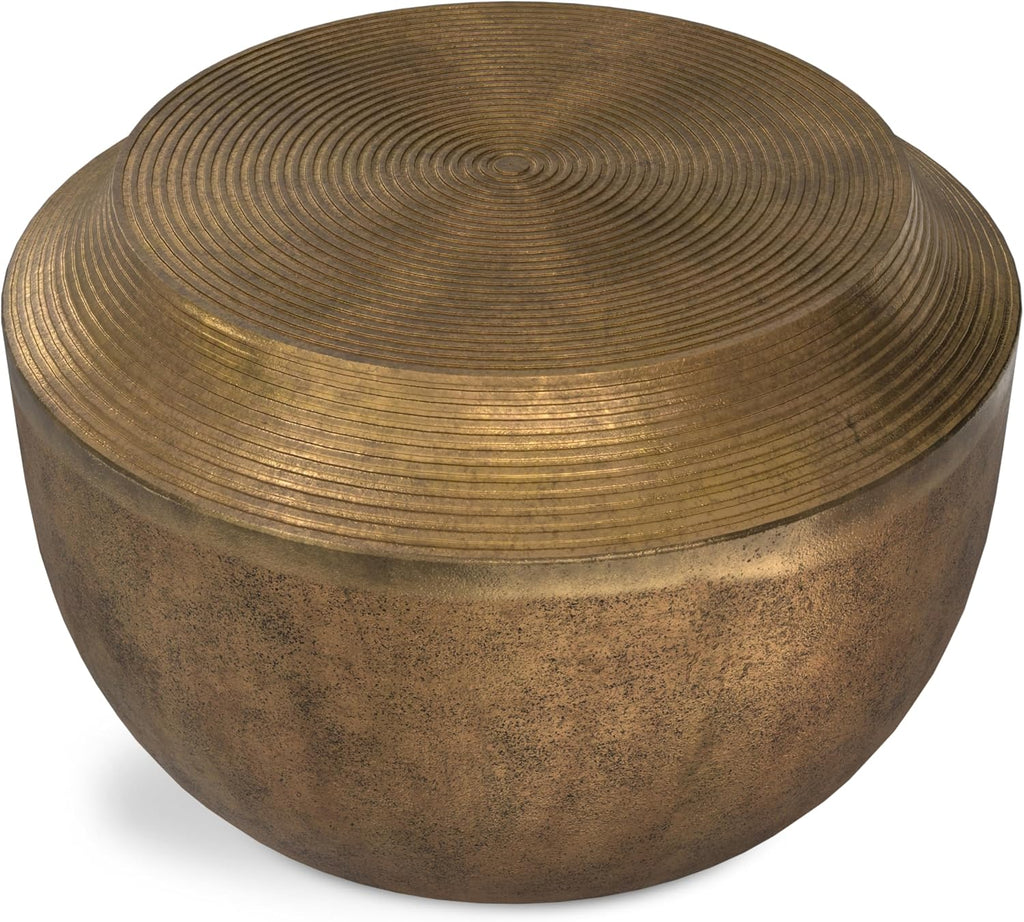 SIMPLIHOME Timmons Coffee Table - 21 inch Wide Cast Aluminum Round Living Room Table in Antique Brass, Industrial Center Table for Compact Spaces with Sculptural Base and Raised Tabletop, Assembled