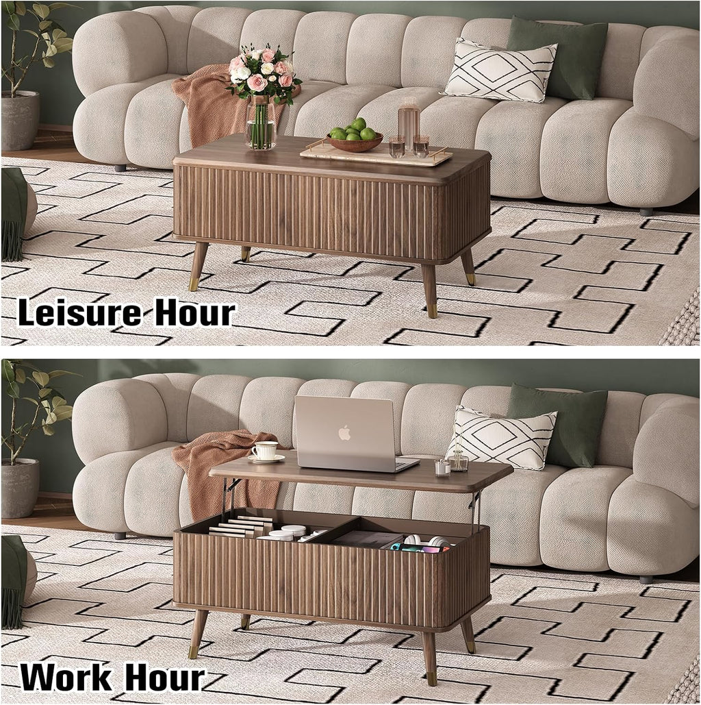Lift Top Coffee Table with Storage, Mid Century Modern Coffee Table with Solid Wood Legs, 38' Minimalist Fluted Center Table for Living Room, Home Office, Walnut