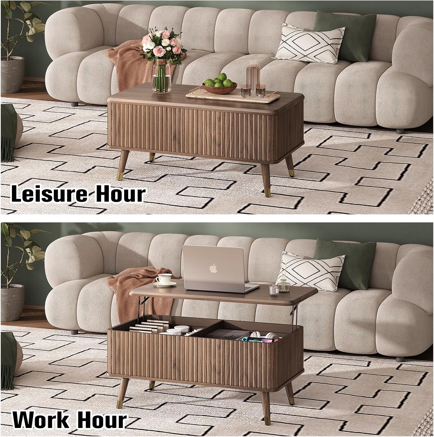 Lift Top Coffee Table with Storage, Mid Century Modern Coffee Table with Solid Wood Legs, 38' Minimalist Fluted Center Table for Living Room, Home Office, Walnut
