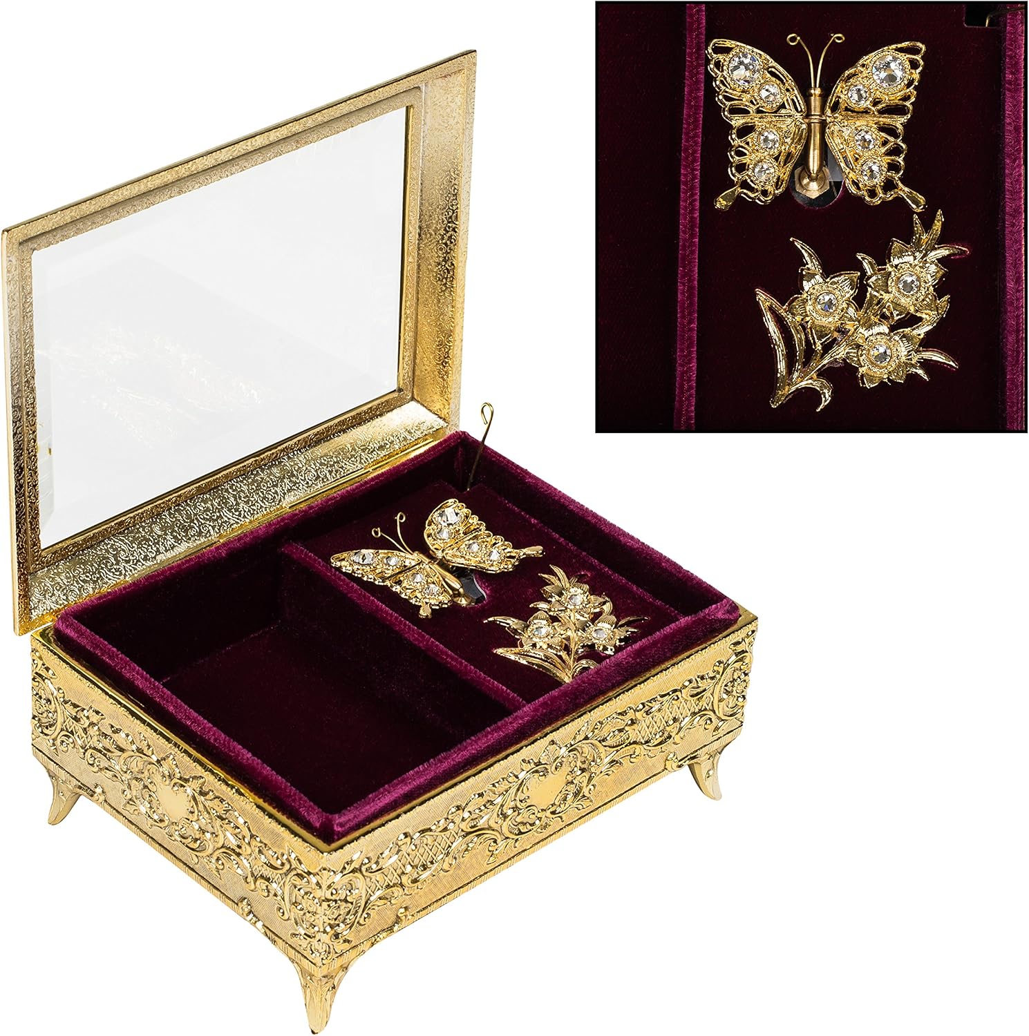 Gold Brass Tone Filigree Butterfly Movement Metal Music Box Plays Clair De Lune