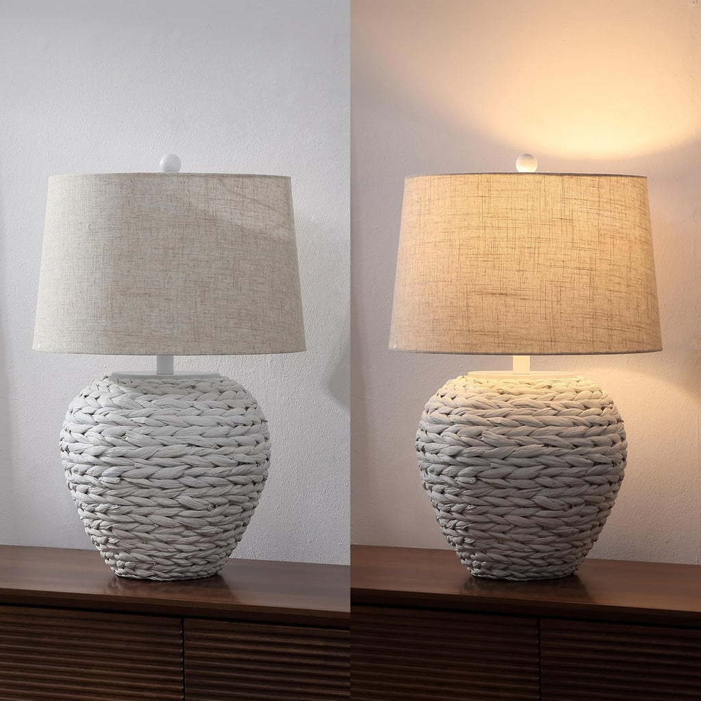 JONATHAN Y 24.5' White Water Hyacinth Farmhouse Basket Table Lamp, Coastal Decor for Living Room Bedroom Nightstand, Light Gray Linen Shade, LED Bulb Included (JYL6501C)