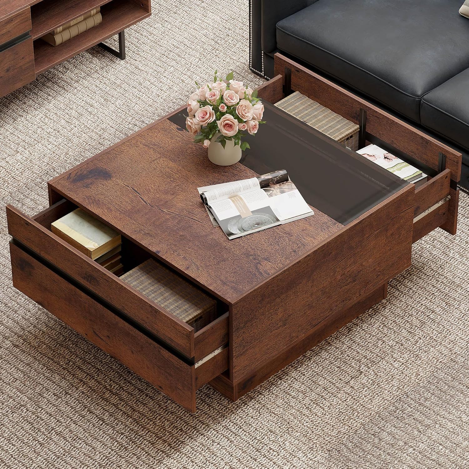 WAMPAT Modern Coffee Table, Square Living Room Coffee Table with Tempered Glass Top and Two Large Storage Drawers, 31.5'x 31.5', Brown