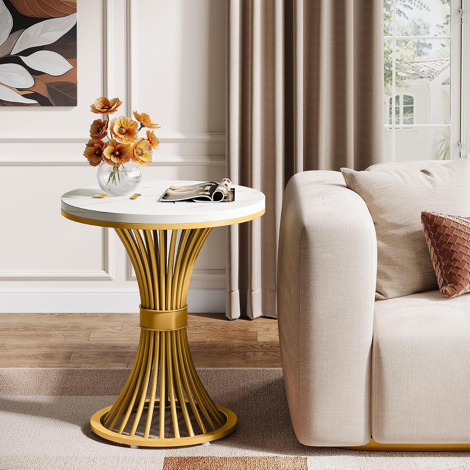 Tribesigns Round End Table, Modern Faux Marble Side Table with Gold Metal Base, Small White Gold Bedside Nightstand, Wooden Accent Table for Living Room, Bedroom, Sofa Side, White & Gold