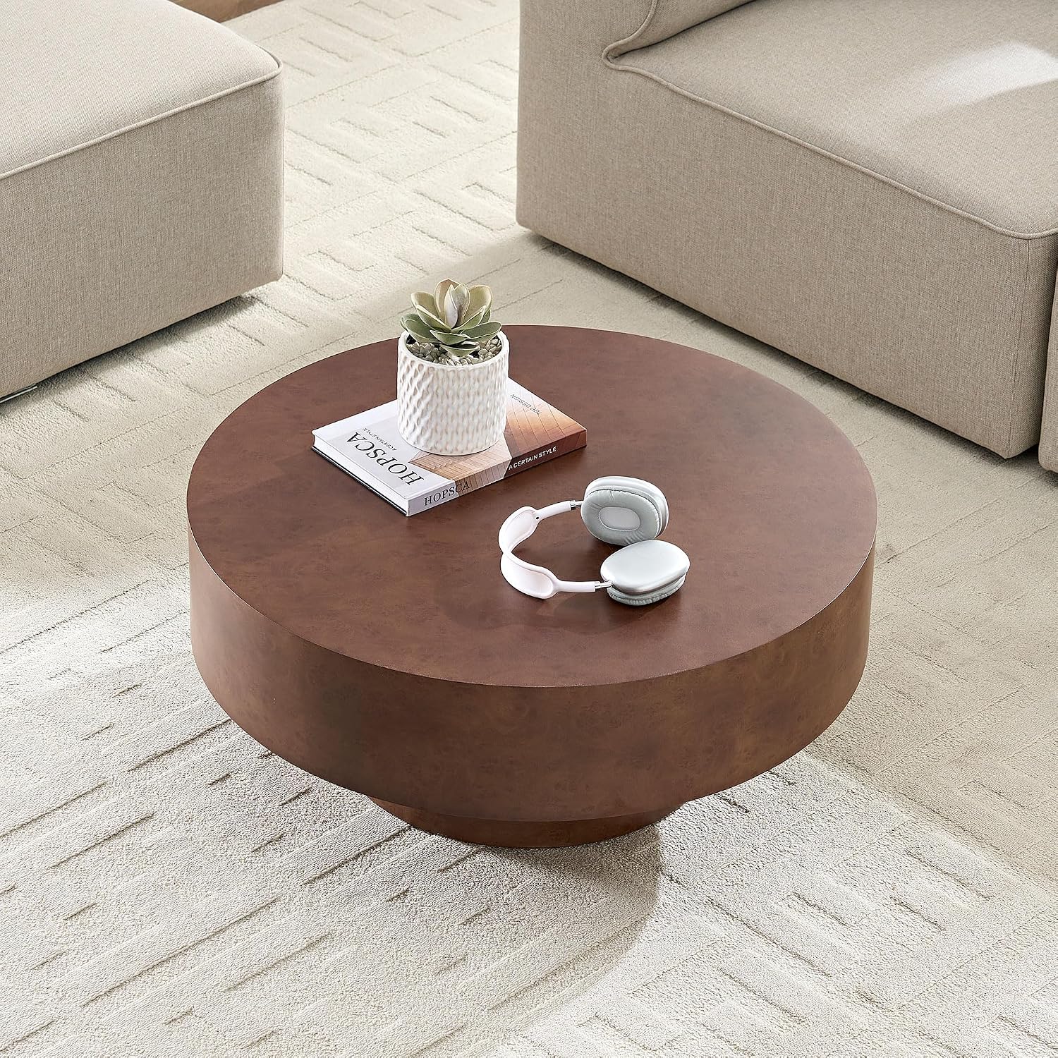 Burl Wood Coffee Table for Living Room Round Wood Coffee Table with Pedestal 31.49' Modern Circle Center Tables Accent Tables for Apartment, Easy Assembly-Walnut