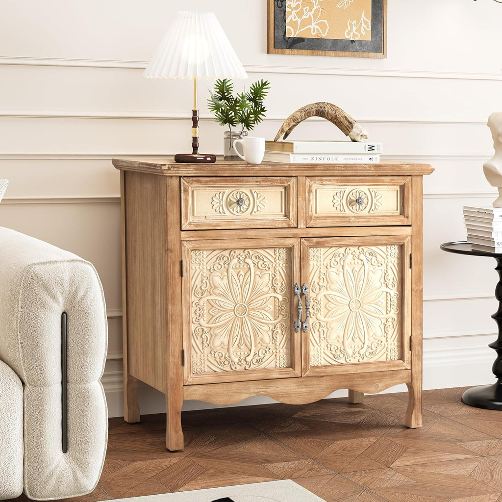 RoyalCraft Solid Wood Nightstand, Vintage Side Table with 2 Doors and 2 Drawers, Large End Table with Storage, Bedside Table for Bedroom, Living Room, French Romance Design, (Natural)