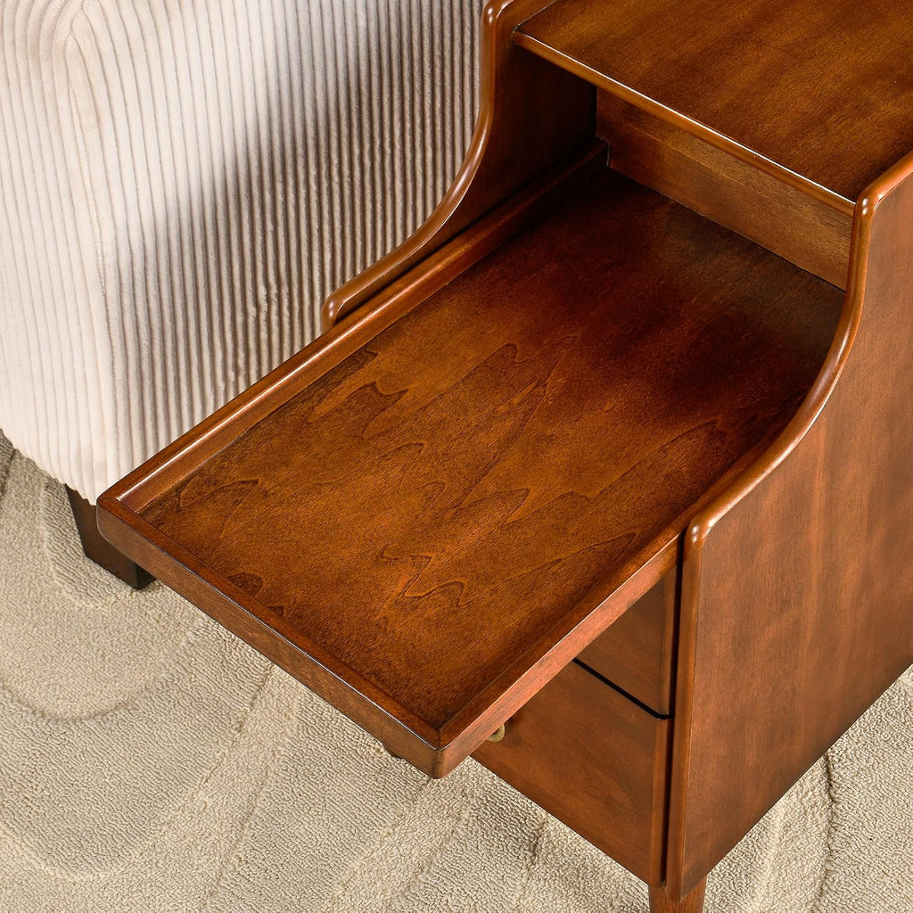 Storage Side End Table with 2 Drawers and Pull-Out Shelf, Small Sofa Side Table for Living Room, No-Tools Assembly, Solid Wood Narrow Beside Tables, 11.8'W x 21.6'L x 22.9'H, Brown, BG-A1359-MG