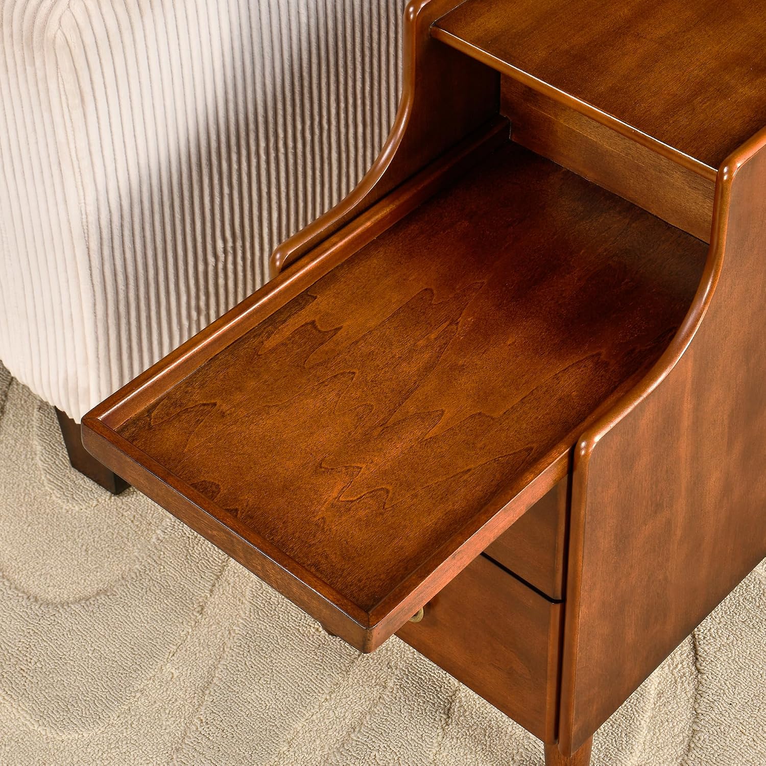 Storage Side End Table with 2 Drawers and Pull-Out Shelf, Small Sofa Side Table for Living Room, No-Tools Assembly, Solid Wood Narrow Beside Tables, 11.8'W x 21.6'L x 22.9'H, Brown, BG-A1359-MG