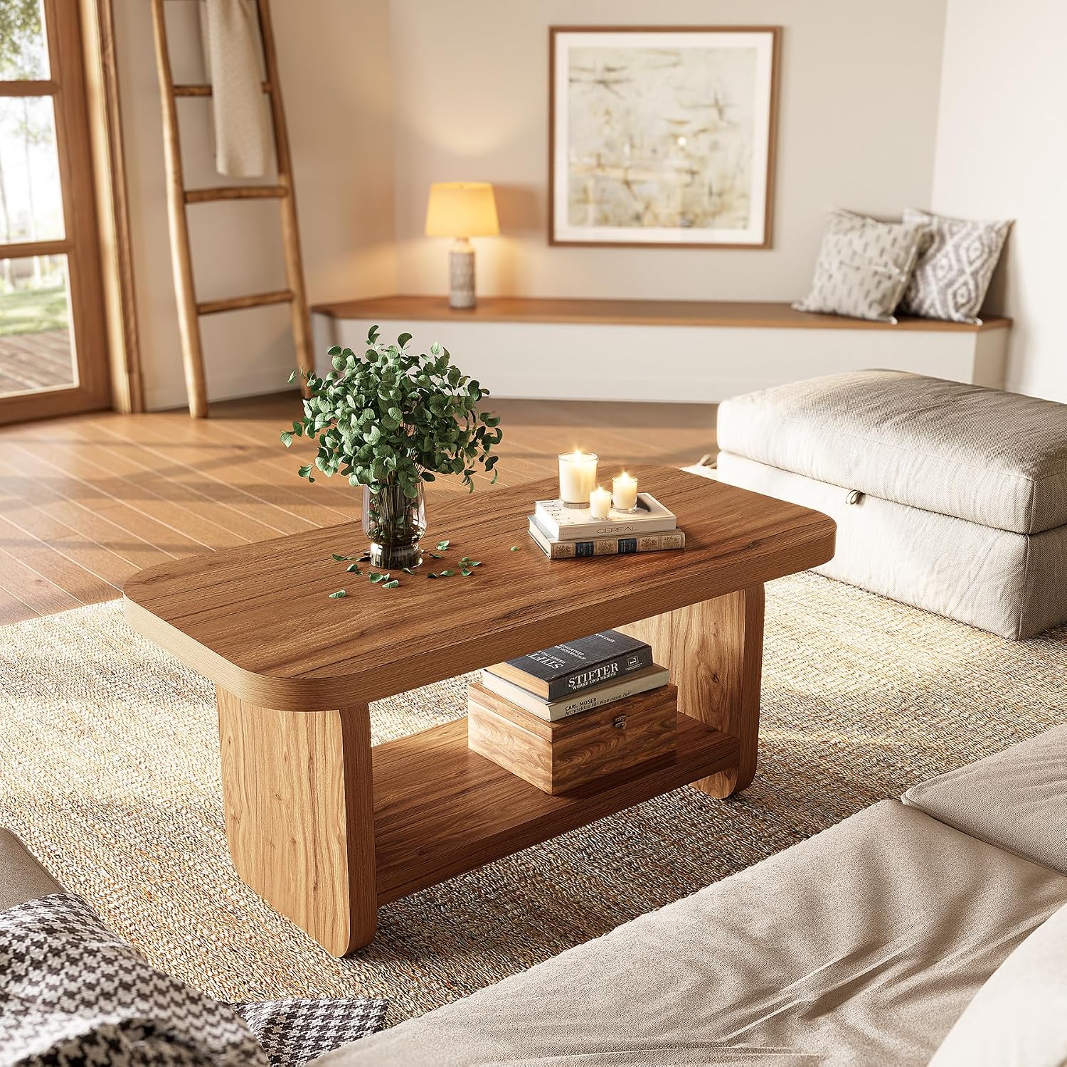 LITTLE TREE Wooden Coffee Table, 47.2' Center Table with Storage, Modern Farmhouse Rectangle Living Room Tables with Rounded Corners for Living Room, Bedroom, Kids Room, Home Office, Brown