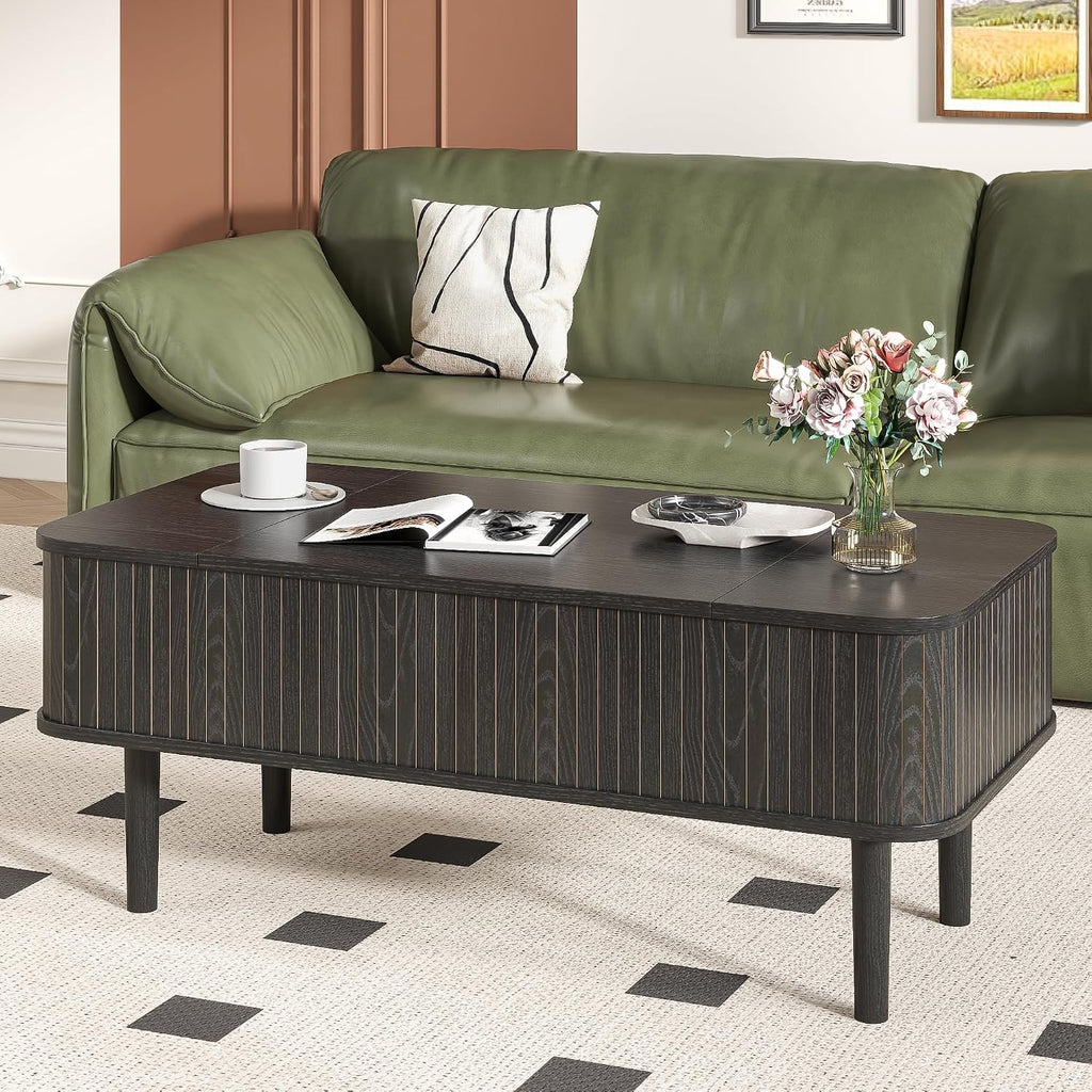 Fluted Lift Top Coffee Table with Storage, Mid Century Modern Coffee Table for Living Room, Home Small Space,39.4' Fluted Center Table (Rectangle-Black, 39.4inch)