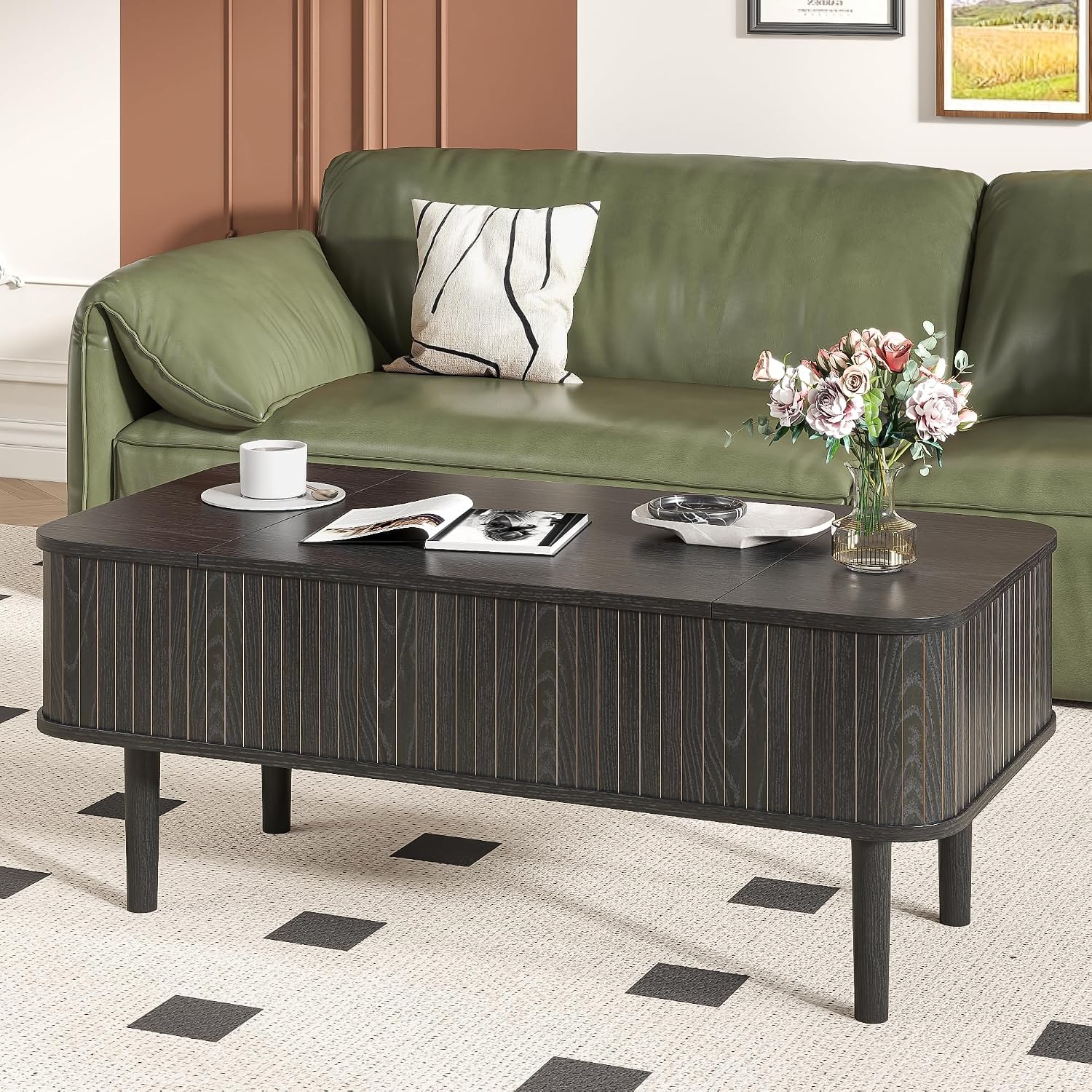 Fluted Lift Top Coffee Table with Storage, Mid Century Modern Coffee Table for Living Room, Home Small Space,39.4' Fluted Center Table (Rectangle-Black, 39.4inch)