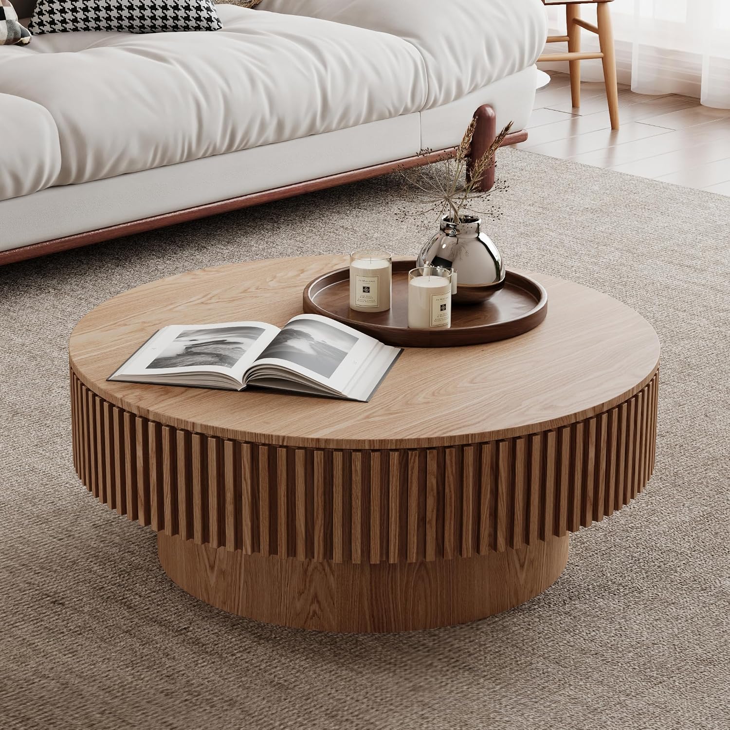 31.5''Round Coffee Table with Storage, Modern Luxury Circle Drum Center Tables with Solid Wood Veneered, Accent Side Coffee Table for Living Room, Bedroom, Apartment-Natural