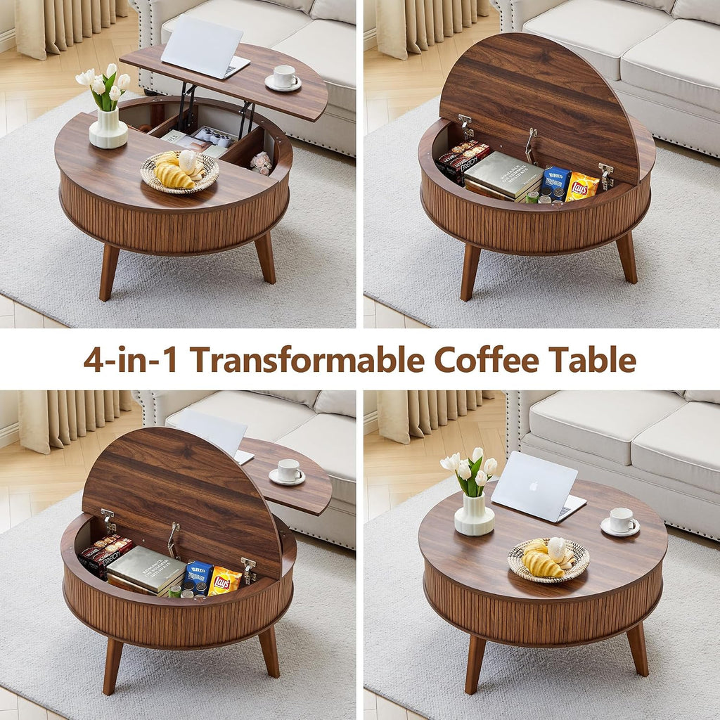 Round Lift Top Coffee Table with Storage, 35.4'' Fluted Wood Center Table Mid Century Modern Coffee Table with Lifting Top for Living Room, Office, Small Space (Walnut)