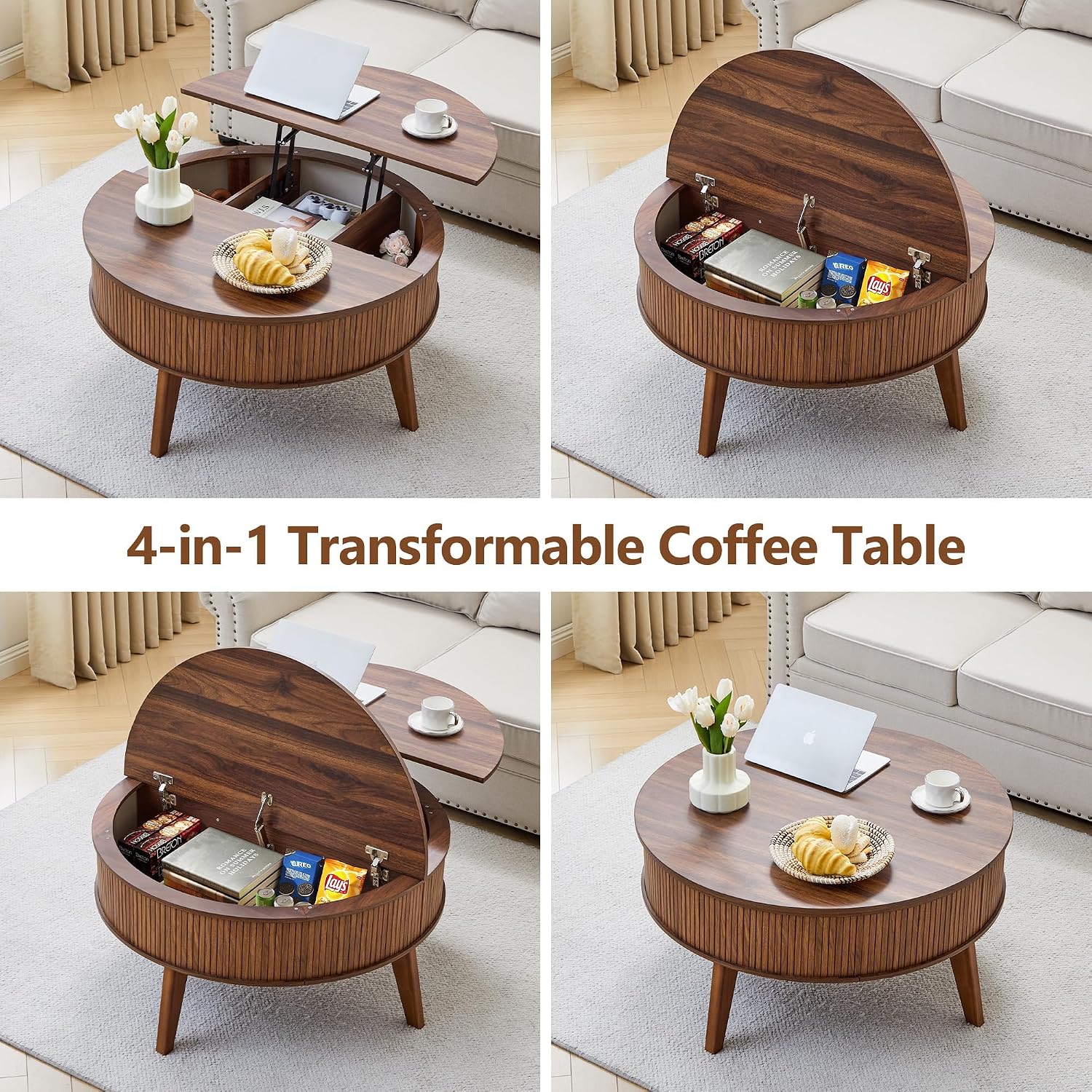 Round Lift Top Coffee Table with Storage, 35.4'' Fluted Wood Center Table Mid Century Modern Coffee Table with Lifting Top for Living Room, Office, Small Space (Walnut)