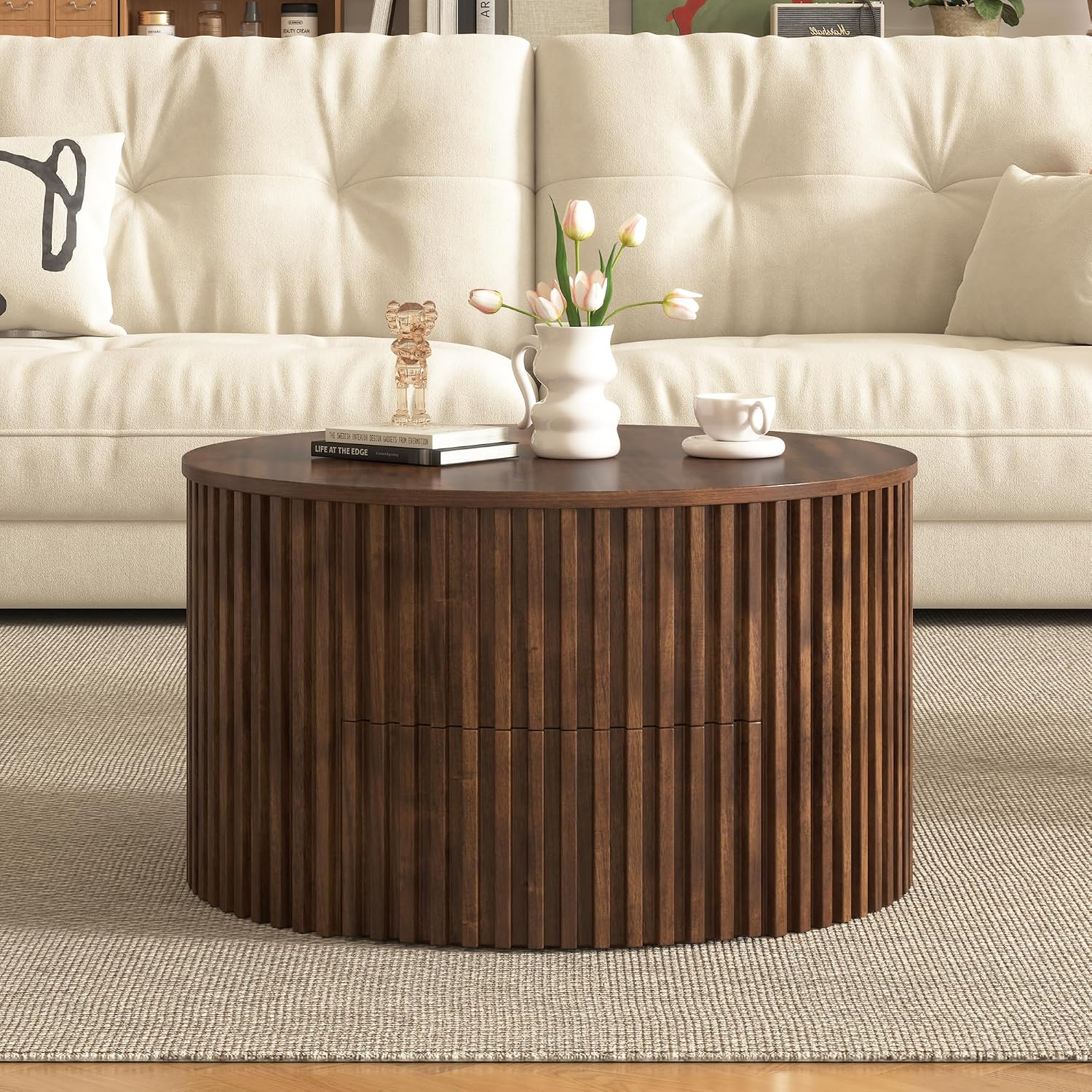 Round Lift Top Coffee Table, 29.8' Modern Fluted Wood Circle Table with Hidden Storage Drawer, Brown Solid Wood & MDF Cylinder Side Table for Living Room Bedroom Small Space