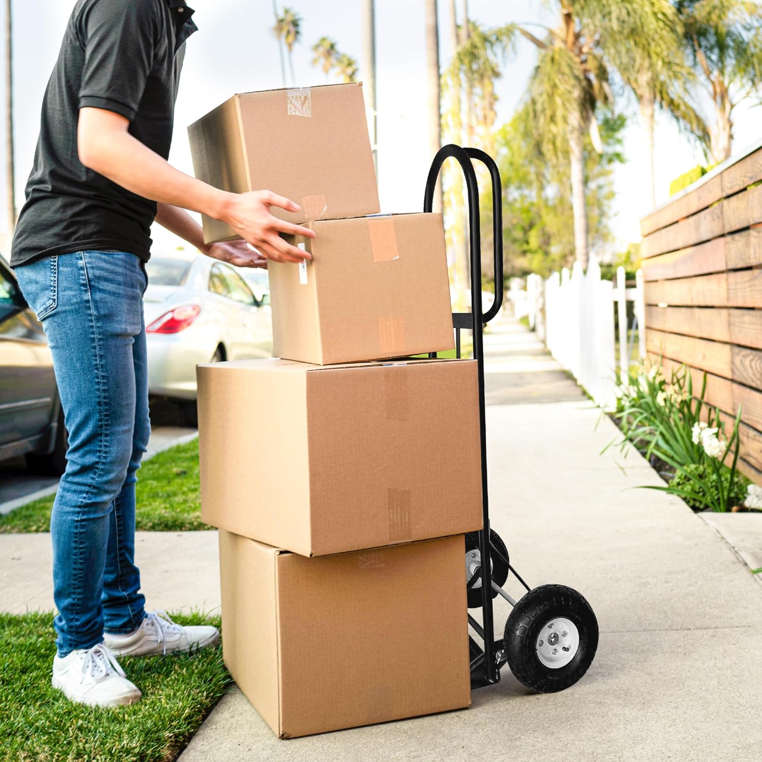 Olympia Tools 800 Lb Sack Hand Truck with Folding Nose, D Handle and 10' Pneumatic Wheels for Home and Office Use