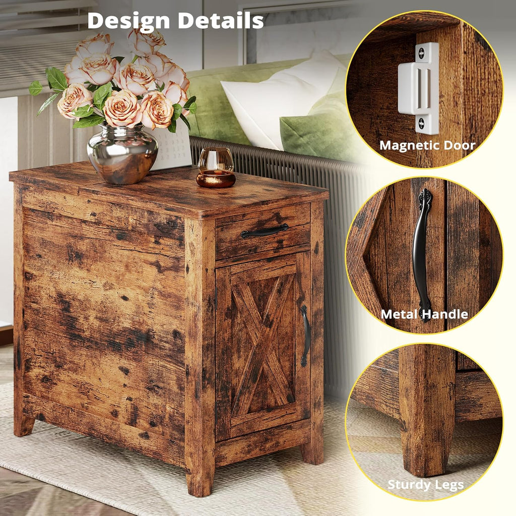 IRONCK End Table with Charging Station, Narrow Side Table for Living Room, Farmhouse Night Stand for Bedroom, Bedside Table with Storage and Drawer for Home, Vintage Brown