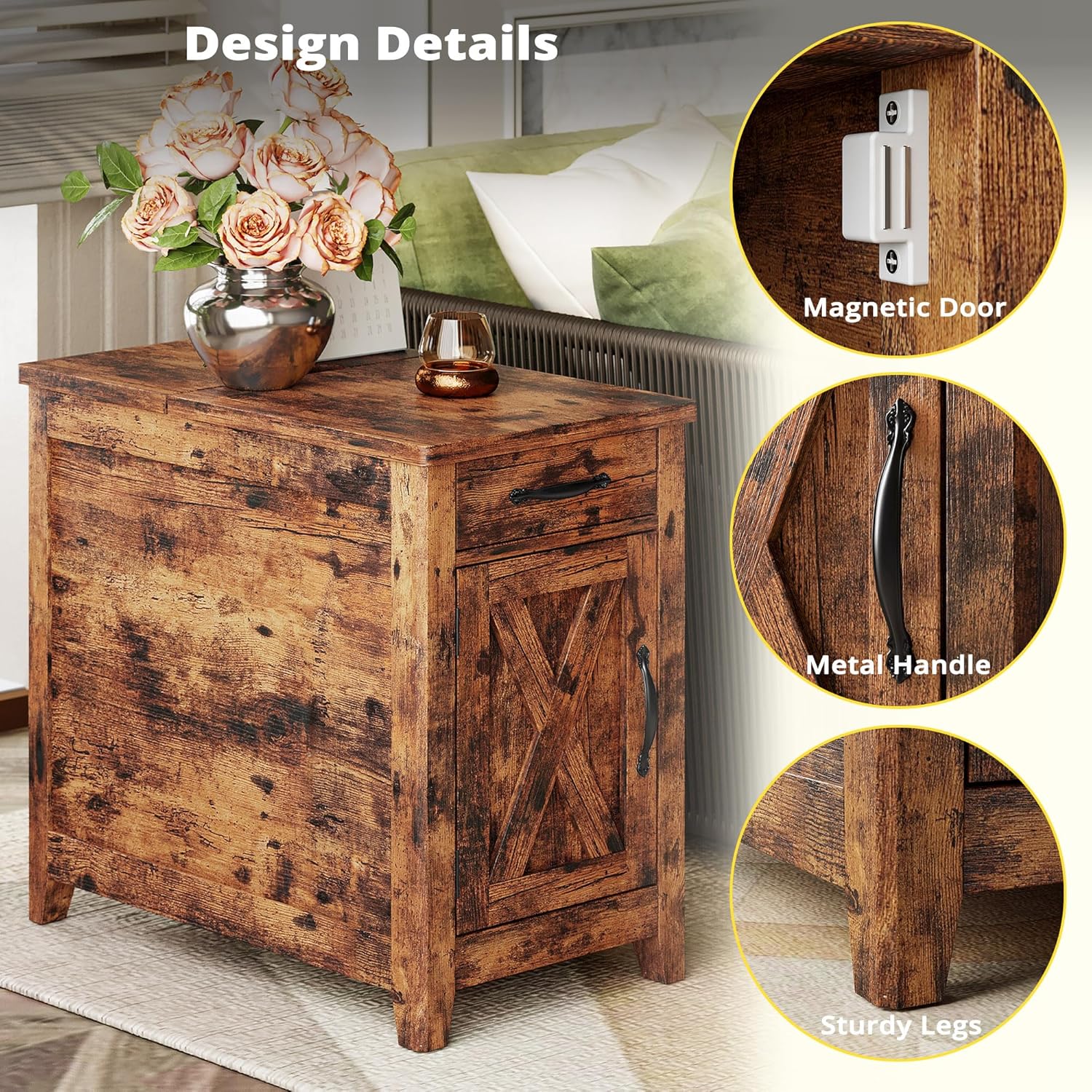 IRONCK End Table with Charging Station, Narrow Side Table for Living Room, Farmhouse Night Stand for Bedroom, Bedside Table with Storage and Drawer for Home, Vintage Brown