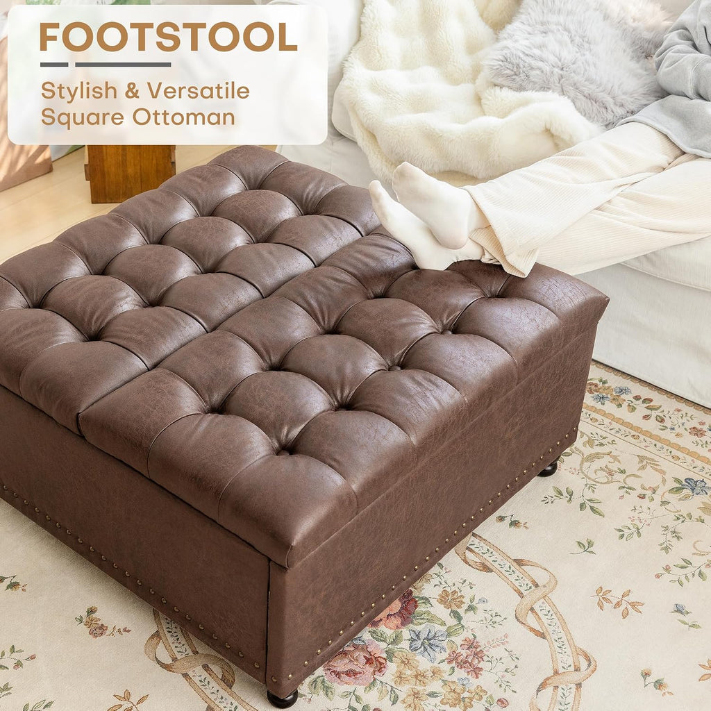 Redlife 35 Inch Large Square Storage Ottoman, Storage Ottoman Coffee Table with Lift Top Faux Leather Ottomans Bench Square Footrest Oversized Upholstered Coffee Table for Living Room (Dark Brown)