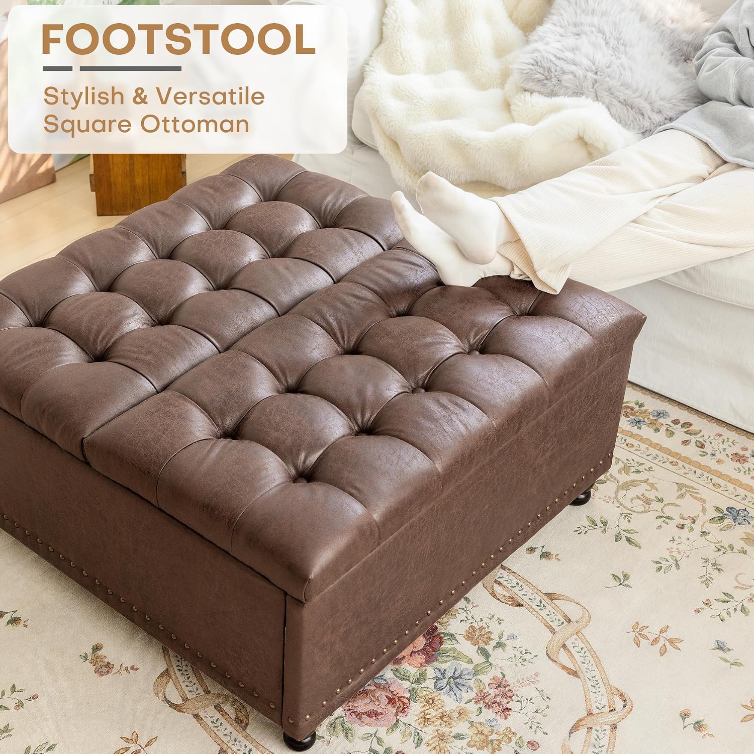 Redlife 35 Inch Large Square Storage Ottoman, Storage Ottoman Coffee Table with Lift Top Faux Leather Ottomans Bench Square Footrest Oversized Upholstered Coffee Table for Living Room (Dark Brown)