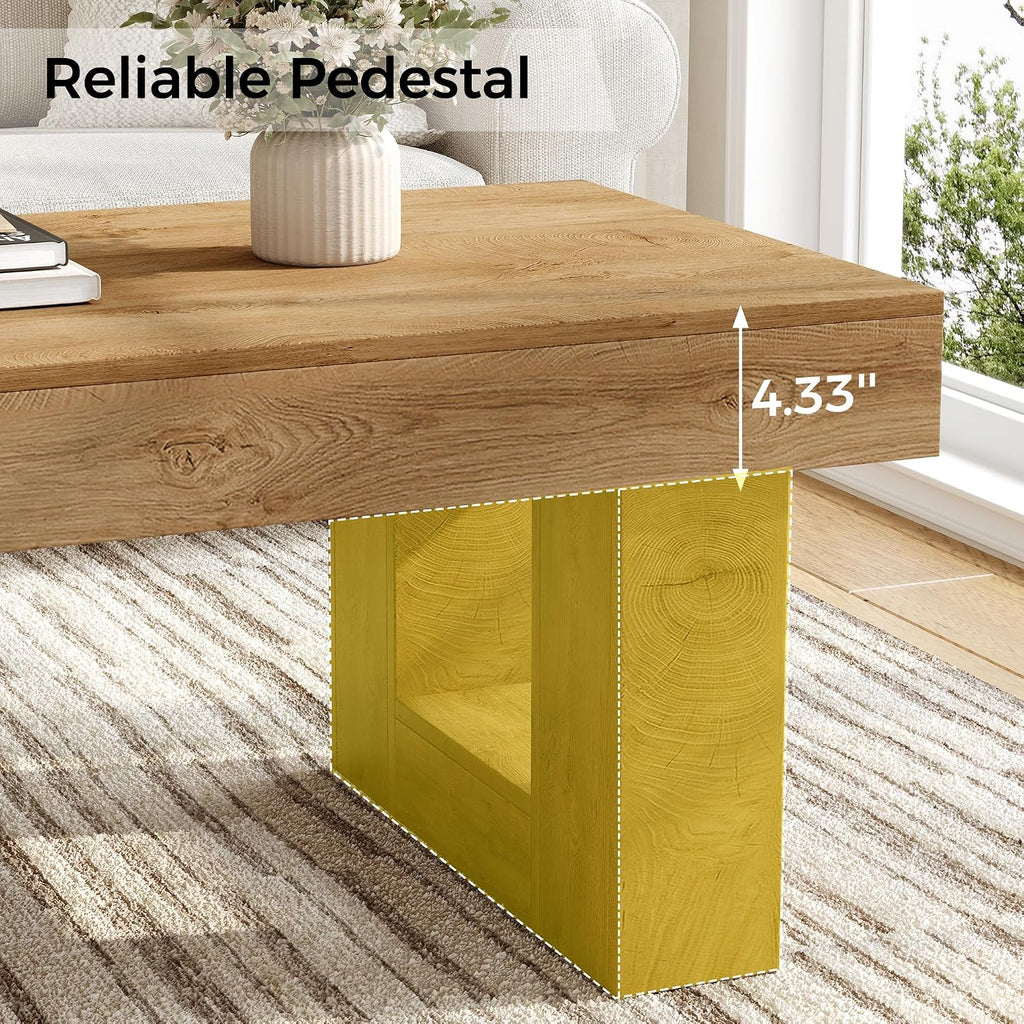 Rectangular Coffee Table, Heavy Duty Center Tables with Annual Ring Pattern, Farmhouse 42 Inch Wooden Coffee Table w Thick U-Shaped Base, Rectangle Side Tables for Living Room, Honey Brown